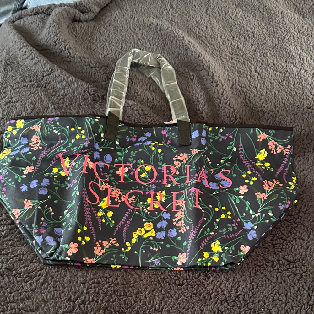Victoria's Secret Black Tote with Colorful Floral Design